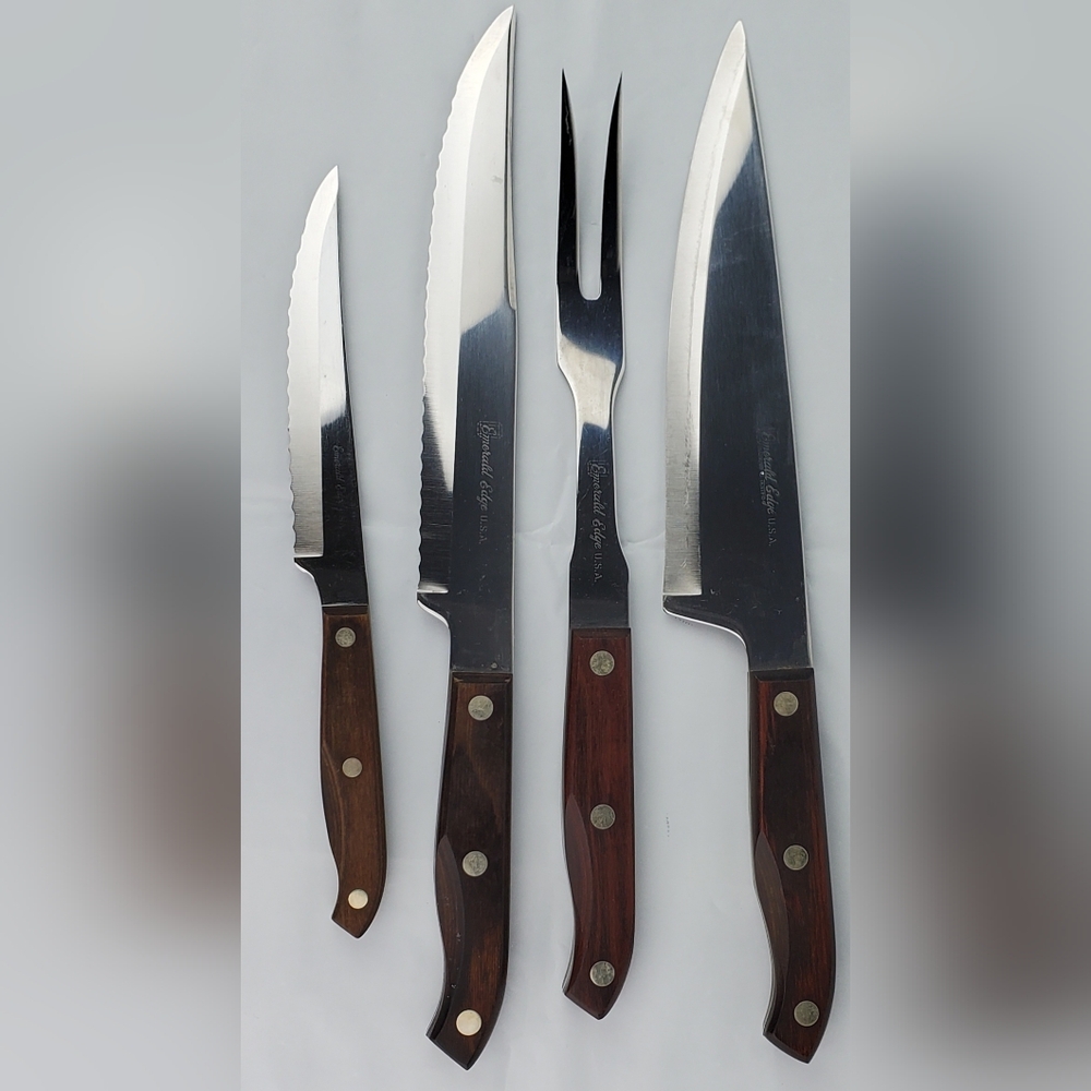 Robeson Vintage Emerald Edge Wood Handled Knives & Serving Fork - Lot of 4 - EUC